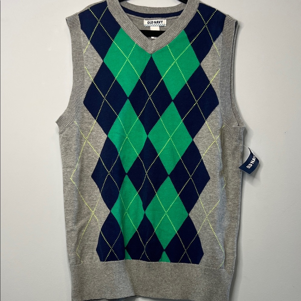 NWT‎ Old Navy Kid's V-Neck Argyle Sweater Vest Gray Green Blue Boys Size Medium
